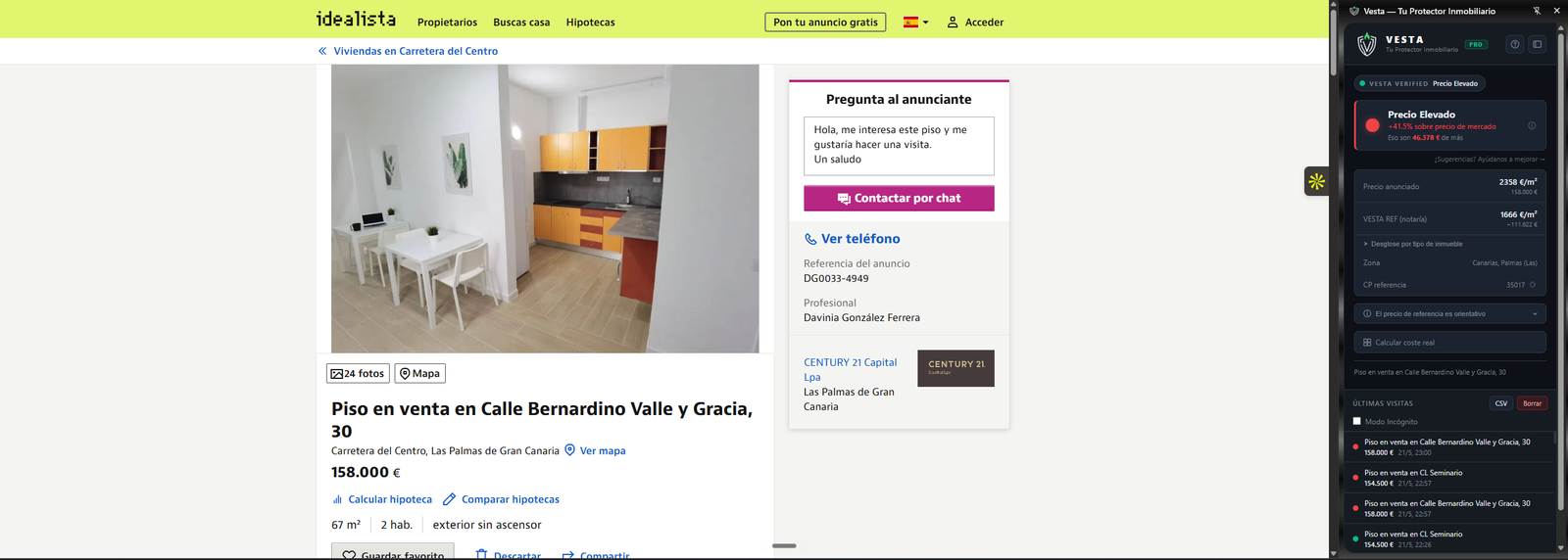 Captura de una ficha de Idealista con el semáforo de Vesta superpuesto mostrando estado ámbar y la mediana del código postal